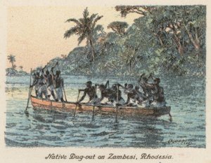 África do Sul: Native Dug-out no Zambesi, Rodésia (litografia a cores) de Charles Ernest Peers