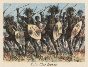 África do Sul: Dança de Guerra Zulu (litografia a cores) de Charles Ernest Peers