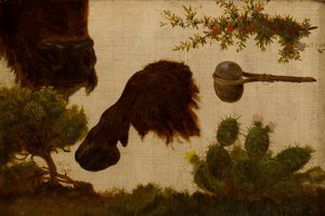 Estudo para “The Wounded Buffalo”: sálvia, cabeça e casco de búfalo, baga de touro, machado de pedra e cacto…