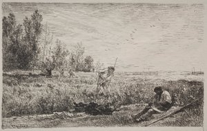 Fabricação de feno, impressão original 1862, impressa em 1921. de Charles Francois Daubigny
