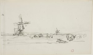 Paisagem na Holanda (anverso); Esboço de moinhos de vento junto à água (verso) de Charles Francois Daubigny