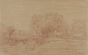 Paisagem com vacas a pastar e a beber e um touro de observação de Charles Francois Daubigny