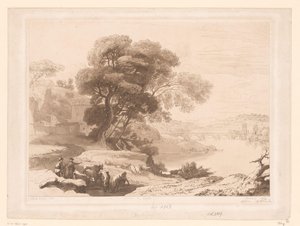 Paisagem com pastores e gado na beira de um rio de Charles Francois Daubigny