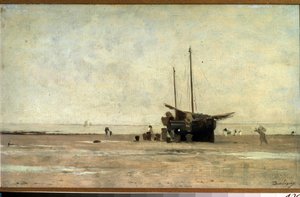 "Seascape" Um veleiro sobre a areia na maré baixa. Pintura de Charles Francois Daubigny (1817-1878) 1868-1872 Museu Pushkin, Moscovo de Charles Francois Daubigny