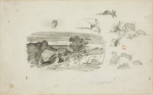 Esboços: Cenário rochoso e coelhos de Charles Francois Daubigny