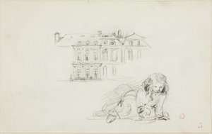 Esboços: O Hotel de Ville, Tours e uma rapariga a brincar (frente); Cegonha (verso) de Charles Francois Daubigny