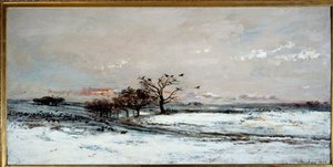 Paisagem de neve ao pôr-do-sol. Pintura de Charles Francois Daubigny (1817-1878) de Charles Francois Daubigny