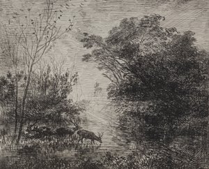Veados, impressão original 1862, impressa em 1921. de Charles Francois Daubigny