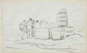Estudo de um grupo de pessoas com barris (anverso); dois estudos de uma mulher a respigar (verso) de Charles Francois Daubigny