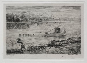 A viagem de barco: Cabine transportando a corda de reboque ou rebocando por corda, 1861. de Charles Francois Daubigny