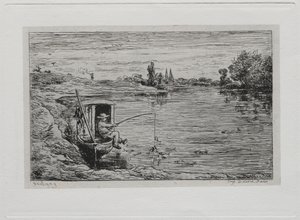 A viagem de barco: a linha de pesca de cabana, 1861. de Charles Francois Daubigny