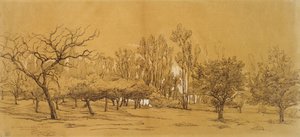 Vista de um pomar em Saint-Denis (caneta e tinta preta, aumentada com bodycolour branco e tocada com giz preto ou carvão, sobre papel branco) de Charles Francois Daubigny