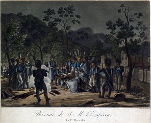 O regresso de Napoleão de Elba. O bivouac de Napoleão no Golfe-Juan a 1 de Março de 1815 - Levachez, Charles Francois Gabriel (activo 1760-1820) - 1815 - Aquatint - 29,5x30 - Colecção Privada