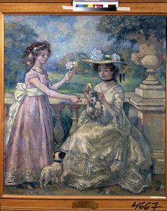 Duas raparigas num terraço. Pintura de Charles Francois Prosper Guerin (1875-1939)