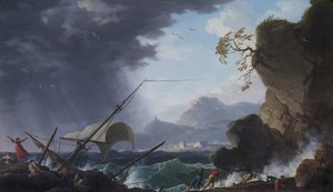 Um naufrágio em uma costa rochosa