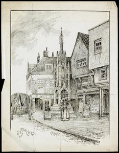 Uma vista do noroeste da Butter Cross, High Street, Winchester, Hampshire (caneta e tinta sobre papel) de Charles George Harper