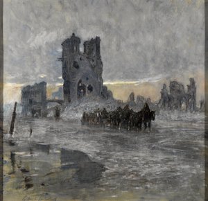 Transportes puxados por cavalos, possivelmente um trem de artilharia, passando pelas ruínas do Cloth Hall, Ypres de Charles Gilbert Holiday