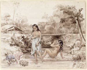Taitianos tomando banho, 1844 (caneta e lavar no papel) de Charles Giraud