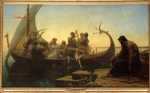 Ilusões perdidas ou noite Uma cena alegórica representando personagens num drakkar de partida, um homem fica na doca com uma lira. Pintura de Charles Gleyre (1806-1874) Sol do século XIX. 1,56x2,38 m