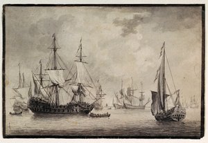 Uma marinha de guerra holandesa, um iate estatal e uma embarcação distante num porto, finais do século XVIII (caneta, tinta)