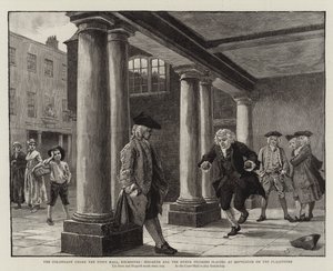 A colunata sob a prefeitura, Rochester, Hogarth e os outros peregrinos jogando em amarelinha nas lajes