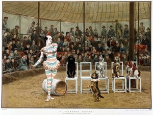 Os cães aprendidos: cena de circo com palhaços e cães - depois de Charles Green, cromo inglês de 1885. ¿Os cães aprendidos: cena de circo com palhaço e cães - depois de Charles Green, cromo inglês de 1885. ¿