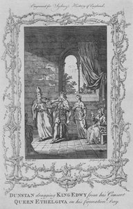 Dunstan arrastando o rei Edwy de sua rainha Ethelgiva em seu dia de coroação, 1773. de Charles Grignion