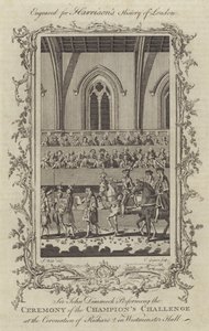 Sir John Dimmock Realizando a Cerimônia do Desafio dos Campeões na Coroação de Ricardo II em Westminster Hall, 1377 de Charles Grignion
