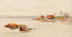 Cena da costa com chalés (aquarela)