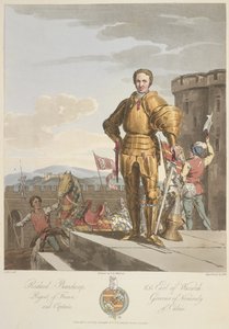 Richard Beauchamp (1381-1439) Earl of Warwick, Anno 1439, ilustração de "The Costume of the original inhabitants of the British Islands from the early periods to the sixth century..." de Sir Samuel Rush Meyrick e C.H. Smith, publicado em 1815 (cor