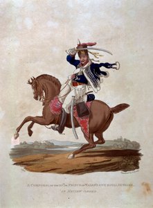 Um cabo do 10º, ou os próprios Hussardos Reais do Príncipe de Gales em Ordem de Revisão, de "Figurinos do Exército do Império Britânico, de acordo com os últimos regulamentos de 1812", gravados por JC Stadler, pub de Charles Hamilton Smith