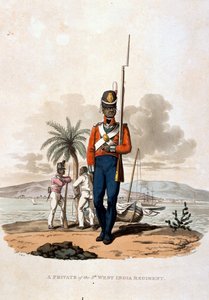 Um soldado do 5º Regimento da Índia Ocidental, de "Figurinos do Exército do Império Britânico, de acordo com os últimos regulamentos de 1812", gravado por JC Stadler, publicado por Colnaghi und Co. 1812-15 (colo de Charles Hamilton Smith