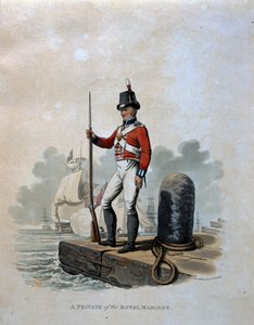 Um soldado dos fuzileiros navais reais, de "trajes do exército do Império Britânico, de acordo com os últimos regulamentos 1812", gravado por JC Stadler, publicado por Colnaghi und Co. 1812-15 (colorido aquat de Charles Hamilton Smith