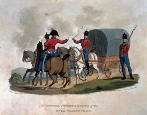 Oficial, soldado e condutor do comboio real de vagões, de "trajes do exército do Império Britânico, segundo os últimos regulamentos 1812", gravados por JC Stadler, publicado por Colnaghi und de Charles Hamilton Smith