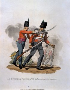 Um oficial e soldado do 53º Regimento de Infantaria Ligeira, de "Figurinos do Exército do Império Britânico, de acordo com os últimos regulamentos de 1812", gravados por JC Stadler, publicado por Colnagh de Charles Hamilton Smith