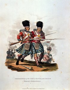 Granadeiros do 42º (ou real) e 141º ou, Gordon Highlanders, de "trajes do exército do Império Britânico, de acordo com os últimos regulamentos 1812", gravados por JC Stadler, publicado pela Co de Charles Hamilton Smith