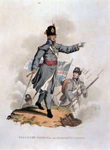 Oficial de Infantaria em Ordem de Marcha, de "Figurinos do Exército do Império Britânico, de acordo com as últimas regulamentações de 1812", gravada por JC Stadler, publicada por Colnaghi und Co. 1812-15 (pintada de cor de Charles Hamilton Smith