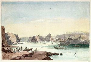 Riacho de Mascate (Omã). Pintura do Tenente-Coronel Charles Hamilton Smith (1776-1859) de Charles Hamilton Smith