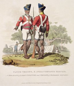 Tropas nativas no serviço da Companhia das Índias Orientais: um sargento de infantaria ligeira e um soldado dos Sepoys de Madras, gravado por Joseph Constantine Stadler, 1815 (aquatint)