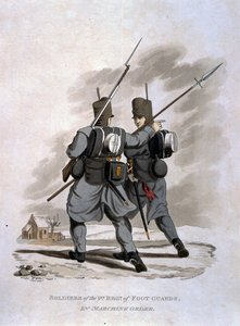 Soldados do 1º Regimento de Guardas de Pé em Ordem de Marcha, de "Figurinos do Exército do Império Britânico, de acordo com os últimos regulamentos 1812", gravados por JC Stadler, publicado por Colnagh de Charles Hamilton Smith