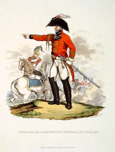 Uniforme de um tenente-general de cavalaria, de &39;traje do Império Britânico, de acordo com o último Regulamento&39;, publicado em 1813 (aquatinta colorido à mão) de Charles Hamilton Smith