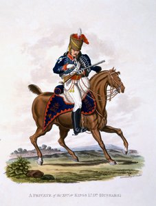 Uniforme de um soldado do século XV ou de dragões leves do rei (Hussars), de "traje do Império Britânico, de acordo com o último regulamento", publicado em 1812-15 (aquatinta colorido à mão)