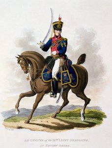Uniforme de um oficial dos dragões da 9ª Luz em Ordem de Revisão, de &39;Traje do Império Britânico, de acordo com os Últimos Regulamentos&39;, publicado em 1812-15 (aquatinta colorido à mão) de Charles Hamilton Smith