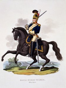 Uniforme da Guarda Real &39;The Blues&39;, de &39;Traje do Império Britânico, de acordo com o último Regulamento&39;, publicado em 1812-15 (aquatinta colorido à mão)