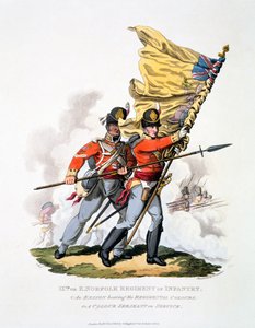Uniforme e Cores do 9º ou Leste Regimento de Infantaria de Norfolk, de &39;Traje do Império Britânico, de acordo com o Último Regulamento&39;, publicado em 1813 (aquatinta colorido à mão) de Charles Hamilton Smith