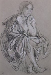 Estudo de uma mulher sentada, mulher sentada drapejada (giz no papel) de Charles Haslewood Shannon