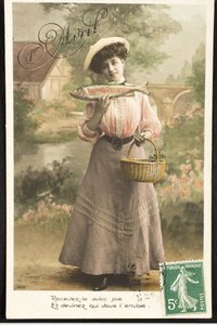 Cartão postal antigo/Abril Peixe/Mulher da Belle Epoque de Augustus Kollner