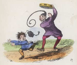 Rapaz assustado por um chinês tocando um pandeiro (gravação colorida) de Charles Henry (after) Bennett