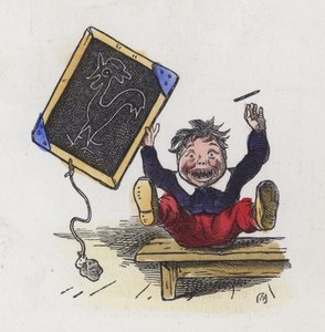 Rapaz com uma foto de um galo desenhada num quadro negro (gravação a cores) de Charles Henry (after) Bennett