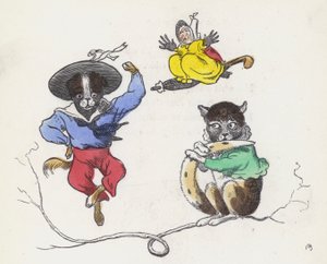 Dame Trottypeg e seu cão e gato de estimação (gravura colorida) de Charles Henry (after) Bennett